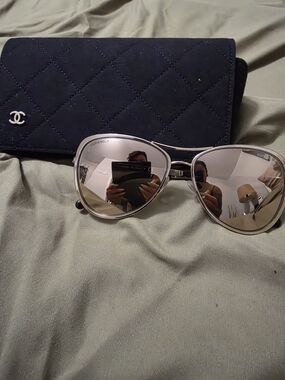 CHANEL Gold Mirrored Cat-Eye Sunglasses with Black Case